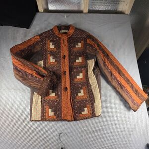 Beverly Houser Vintage Patchwork Quilted Jacket Womens Brown Orange Boho Folk...